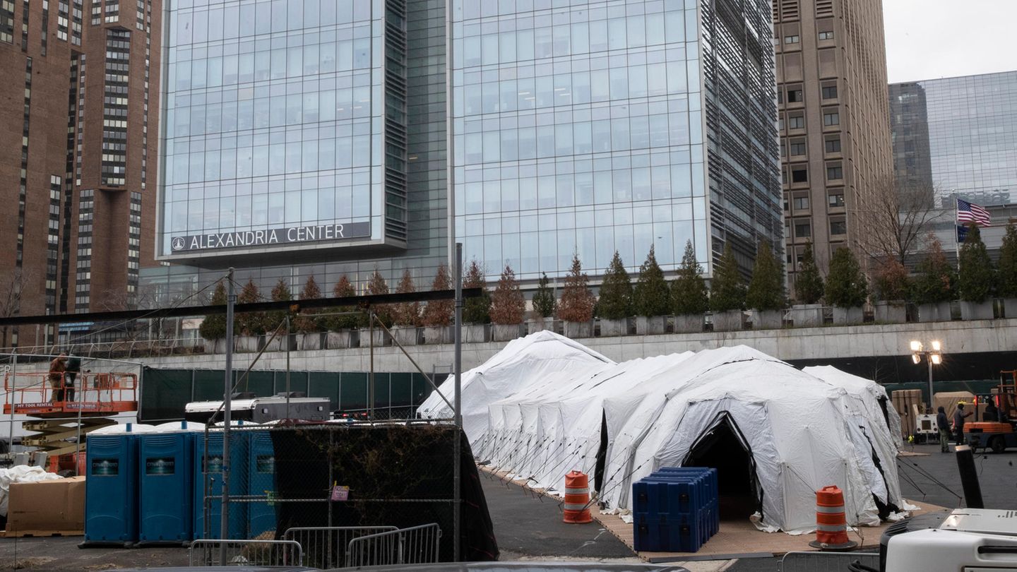 USA, New York: Ein Zelt, das als behelfsmäßige Leichenhalle genutzt werden soll, wird gebaut