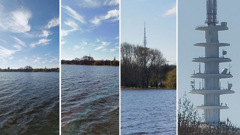 Neuvorstellung: Wie schon beim Vorgänger erstaunt auch beim Huawei P40 Pro der Zoom. In der Weitwinkelaufnahme links ist der Fernsehturm nur zu erahnen, bei normaler Linse und 5x-Zoom kommt er verlustfrei immer näher. Beim rein digitalen 50x-Zoom gibt es dann noch mehr Details, es sind aber schon klar Artefakte zu sehen Wie schon beim Vorgänger erstaunt auch beim Huawei P40 Pro der Zoom. In der Weitwinkelaufnahme links ist der Fernsehturm nur zu erahnen, bei normaler Linse und 5x-Zoom kommt er verlustfrei immer näher. Beim rein digitalen 50x-Zoom gibt es dann noch mehr Details, es sind aber schon klar Artefakte zu sehen