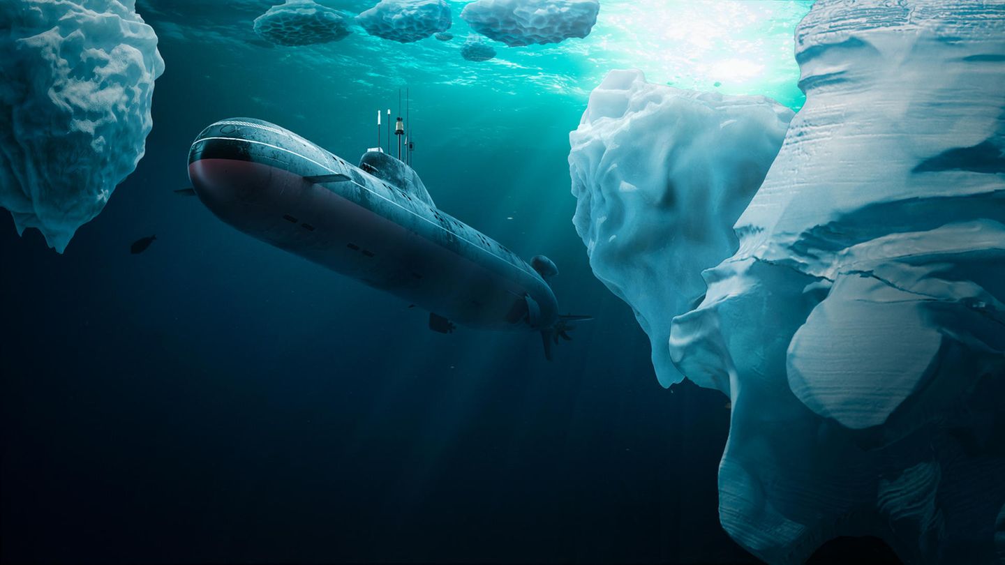 Ein U-Boot unter Wasser zwischen Eisbergen
