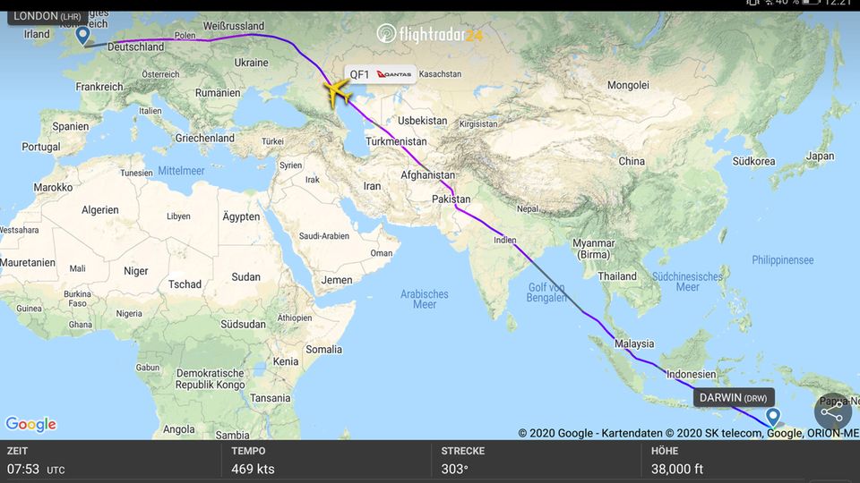 Rekordflug von Qantas: Der Flug QF1 legte die Strecke von Darwin nach London-Heathrow in den letzten Tagen nonstop in knapp 17 Stunden zurück. Der Flug QF1 legte die Strecke von Darwin nach London-Heathrow in den letzten Tagen nonstop in knapp 17 Stunden zurück.
