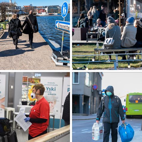 Von links oben nach rechts unten: Ein Parkbeamter überwacht den Fußgängerverkehr in Kopenhagen, Menschen genießen die Sonne in Stockholm, eine Krankenschwester informiert Passagiere am Flughafen Helsinki, ein Mann geht in den leeren Straßen Oslos einkaufen