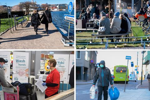 Von links oben nach rechts unten: Ein Parkbeamter überwacht den Fußgängerverkehr in Kopenhagen, Menschen genießen die Sonne in Stockholm, eine Krankenschwester informiert Passagiere am Flughafen Helsinki, ein Mann geht in den leeren Straßen Oslos einkaufen