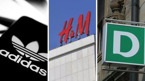 Die Logos der Konzerne Adidas, H&M und Deichmann (von links nach rechts)