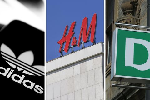 Die Logos der Konzerne Adidas, H&M und Deichmann (von links nach rechts)