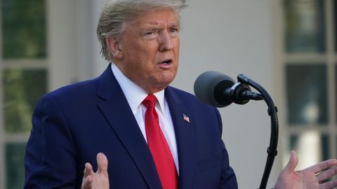 Donlad Trump an einem Rednerpult im Rosengarten des Weißen Hauses