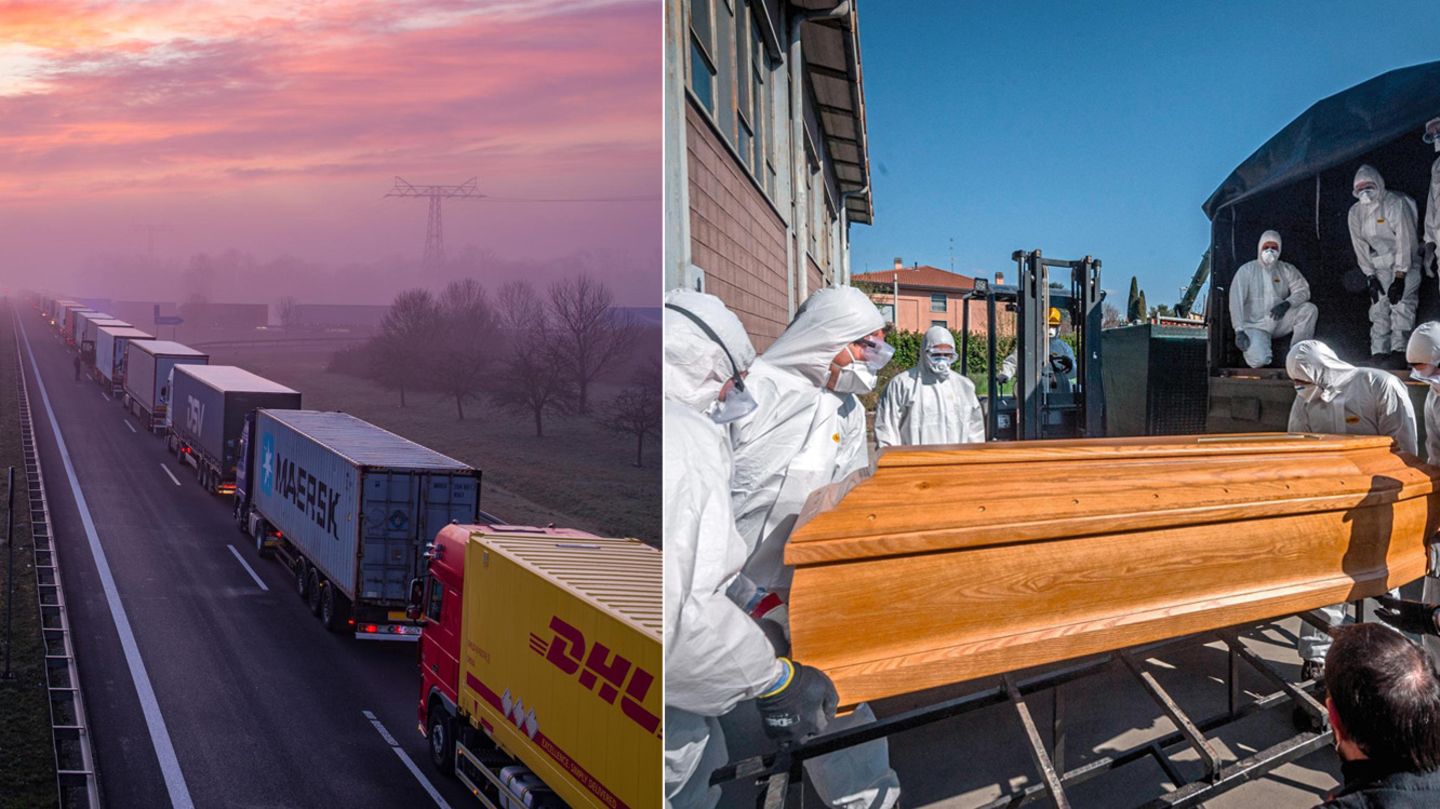 Links: Nichts rollt mehr: Auf der A12 bei Frankfurt (Oder) stauen sich Lkws auf 30 Kilometern, weil die Grenze nach Polen kontrolliert wird.  Rechts: Letzte Reise im Militärlaster: Särge von Corona-Toten werden in der italienischen Provinz Bergamo von Gesundheitspersonal und Carabinieri verladen