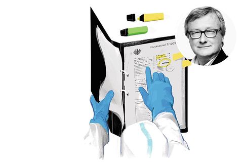 Illustration: Ein Bericht wird von einer Person in Schutzkleidung gelesen