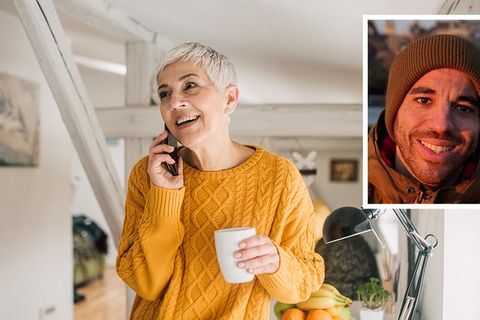 Eine Frau mit kurzen Haaren telefoniert. Daneben ein Bild von Fabio Porta