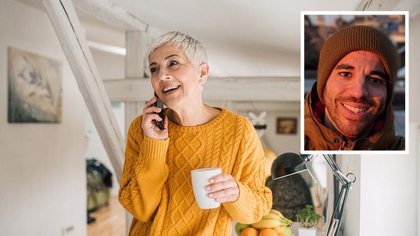 Eine Frau mit kurzen Haaren telefoniert. Daneben ein Bild von Fabio Porta
