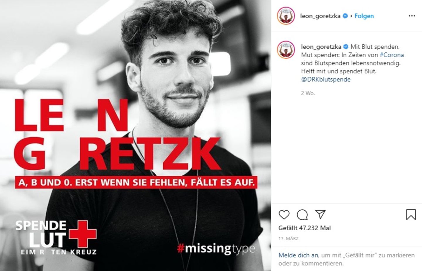 Leon Goretzka ruft dazu auf, Blut zu spenden Leon Goretzka ruft dazu auf, Blut zu spenden