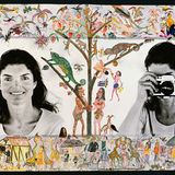 Jackie Kennedy Onassis in zwei Porträts, einmal mit Fotoapparat, einmal ohne