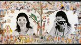Jackie Kennedy Onassis in zwei Porträts, einmal mit Fotoapparat, einmal ohne