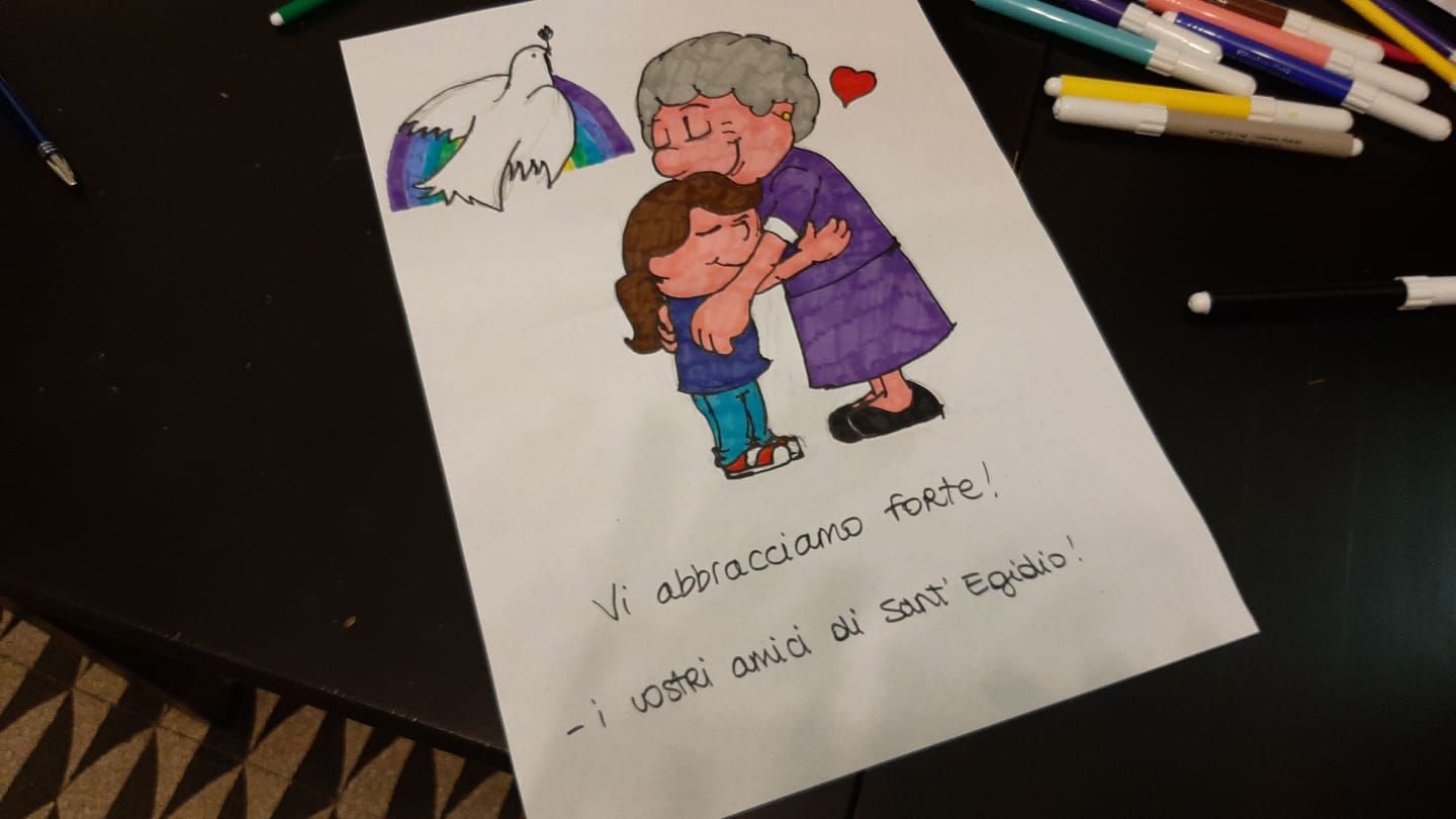 "Wir umarmen Sie nachdrücklich - Ihre Freunde von Sant'Egidio", steht unter diesem selbstgemalten Bild für eine alte Dame.