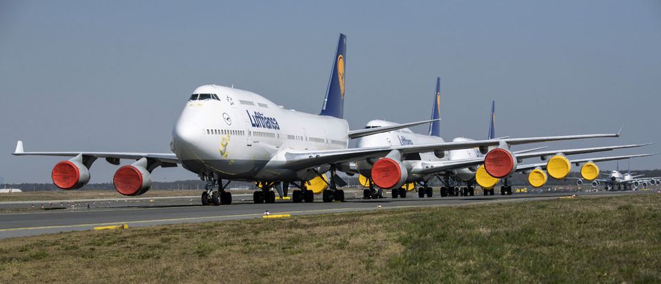 Follow Me: Stehen mit Triebwerkabdeckungen am Boden: Mehrere Boeing 747 der Lufthansa am Flughafen Frankfurt Stehen mit Triebwerkabdeckungen am Boden: Mehrere Boeing 747 der Lufthansa am Flughafen Frankfurt