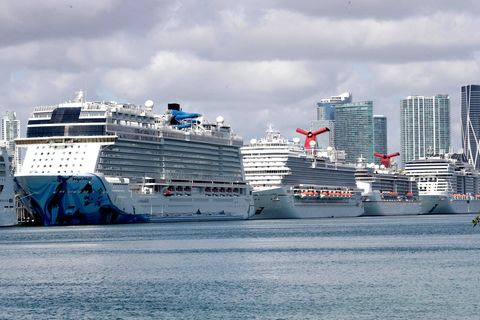 Hintereinander aufgereiht: Kreuzfahrtschiffe liegen im Hafen von Miami