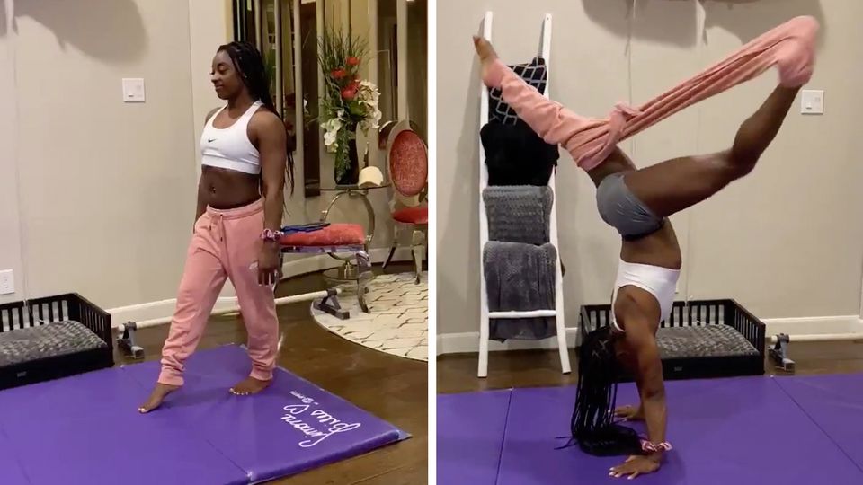 Turnerin Simone Biles leistet ihren Beitrag zur "Handstand Challenge" im Netz. Turnerin Simone Biles leistet ihren Beitrag zur "Handstand Challenge" im Netz.