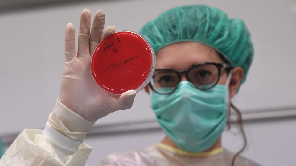Eine Mitarbeiterin mit Schutzkleidung und Mund-Nase-Schutz Eine Mitarbeiterin mit Schutzkleidung und Mund-Nase-Schutz