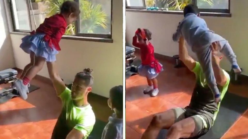 Christiano Ronaldo nutzt seine Kinder als Hanteln Christiano Ronaldo nutzt seine Kinder als Hanteln