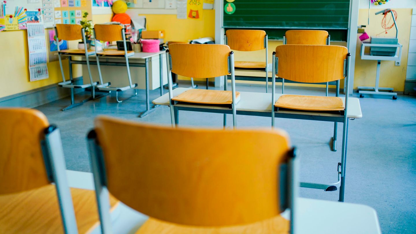 Leerer Klassenraum mit hochgestellten Stühlen