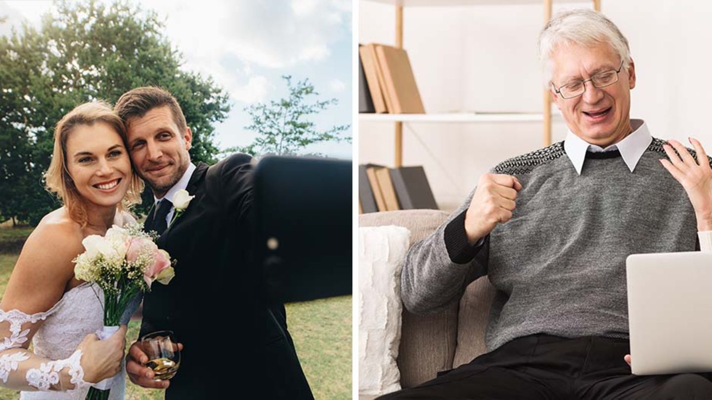 Links ein Hochzeitspaar, rechts ein erfreuter Gast, der sich das Ganze auf dem Laptop anschaut