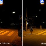 Diese Fotos entstanden gegen 22 Uhr. Der Fokus wurde manuell auf den Zebrastreifen auf der Straße gelegt. Dank der längeren Belichtungszeit (1 Sekunde) zeigt das iPhone 11 Pro mehr Details - frappierend sind die Unterschiede angesichts der Preisdifferenz jedoch nicht.
