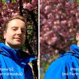 Beide Fotos wurden mit dem iPhone SE aufgenommen. Links sieht man den "normalen" Fotomodus, rechts den aktivierten Porträtmodus. Weil das SE nur eine Linse besitzt, wird die Tiefenunschärfe mit der Software simuliert.