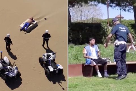 Coronavirus in Italien: Mit einer Drohne patrouilliert die Polizei einen Strand in der Provinz Rimini. 