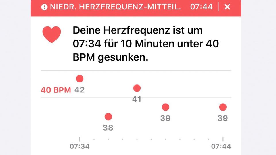 Smarte Uhr: Diese Meldung poppte eines Morgens auf und zeigt, dass die Uhr permanent im Hintergrund die Herzfrequenz überwacht - und bei Auffälligkeiten Alarm schlägt. Diese Meldung poppte eines Morgens auf und zeigt, dass die Uhr permanent im Hintergrund die Herzfrequenz überwacht - und bei Auffälligkeiten Alarm schlägt.