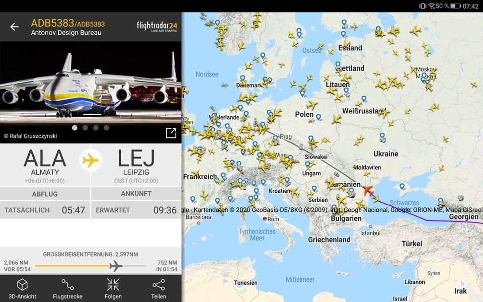 Via Almaty in Kasachstan nach Leipzig: Die Flugroute von ADB5383 am Montagmorgen