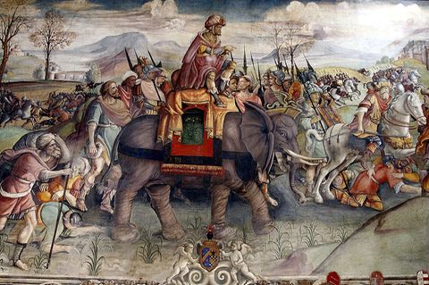 Das Fresko von Jacopo Ripanda stellt Hannibals Alpenüberquerung 218 v. Chr. da.