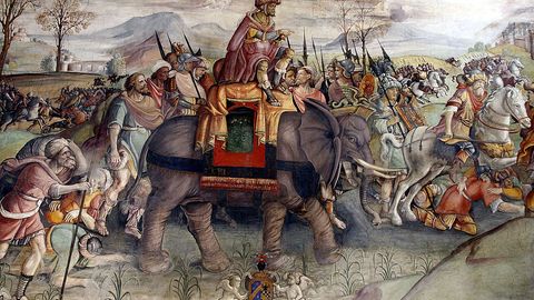 Das Fresko von Jacopo Ripanda stellt Hannibals Alpenüberquerung 218 v. Chr. da.