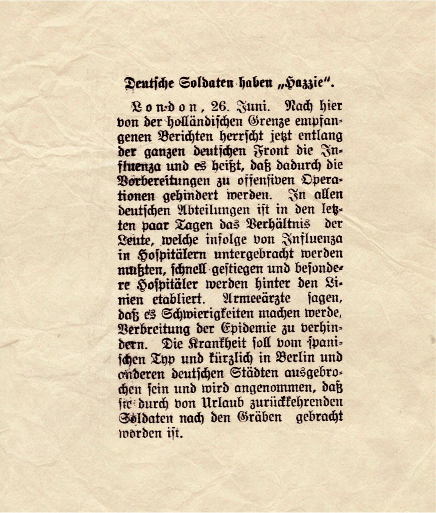 Deutsche Soldaten haben "Hazzie": Diese Kurzmeldung erschien in der "Detroiter Abend-Post" vom 26. Juni 1918.