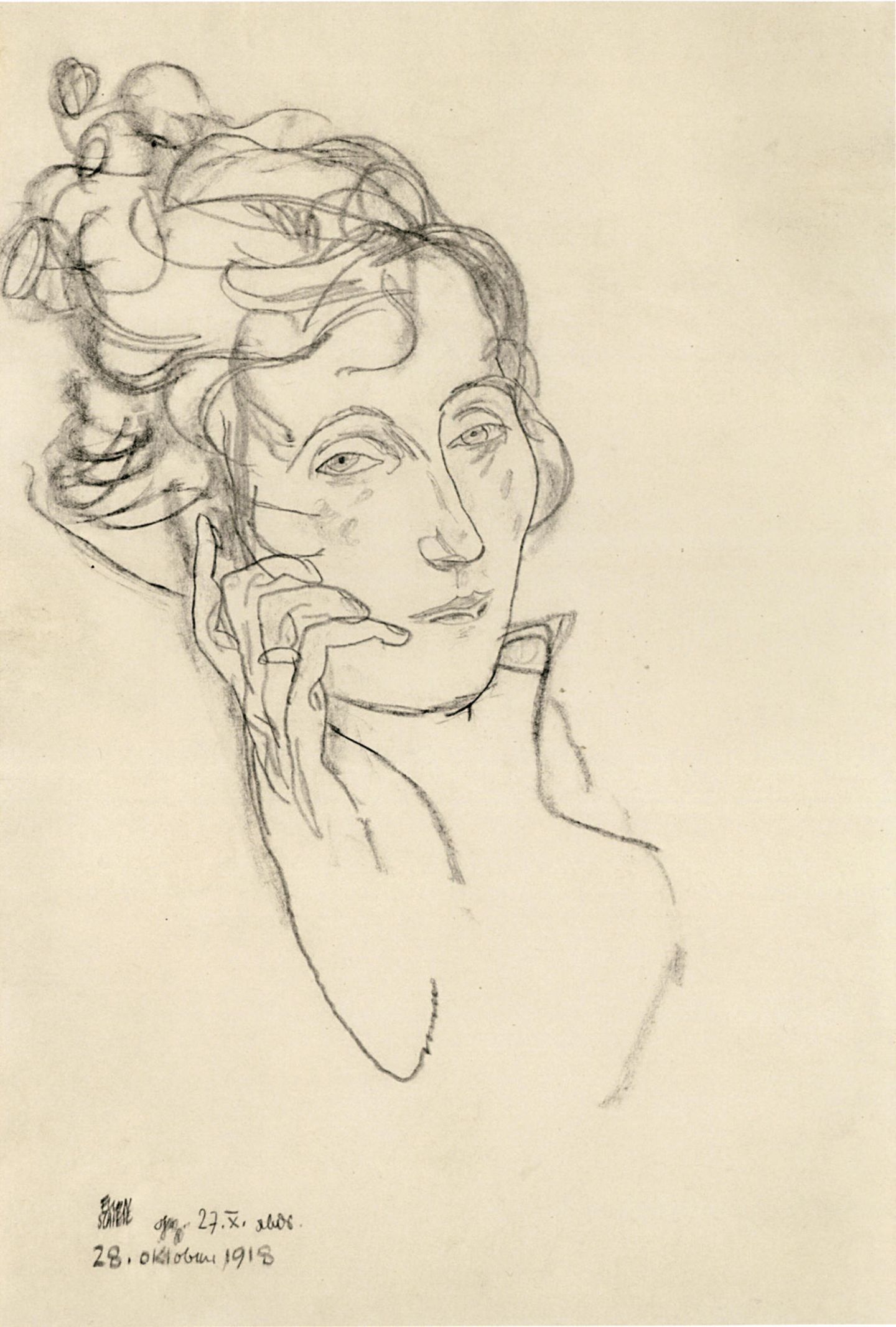 Diese Zeichnung von Edith Schiele fertigte ihr Mann Egon Schiele am Sterbebett seiner schwangeren Frau an. Das Porträt ist auf den 28. Oktober 1918 datiert. 
