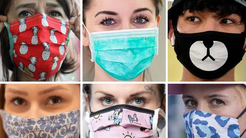Sechs verschiedene Masken, die in der Öffentlichkeit zum Schutz gegen die Ausbreitung des Coronavirus getragen werden