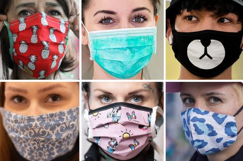 Sechs verschiedene Masken, die in der Öffentlichkeit zum Schutz gegen die Ausbreitung des Coronavirus getragen werden