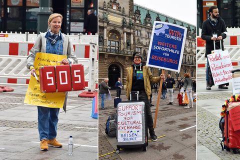 "Die Reisebüros sind das Herz der Touristik", sagt eine der Teilnehmerinnen der Demonstration auf dem Hamburger Rathausmarkt, "wir möchten, dass es weiterhin schlägt"