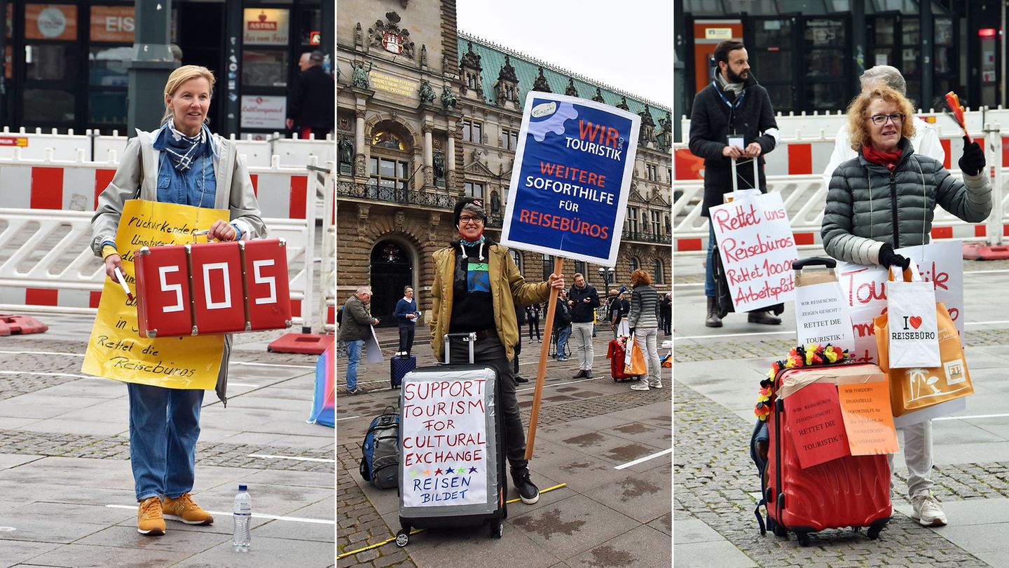 "Die Reisebüros sind das Herz der Touristik", sagt eine der Teilnehmerinnen der Demonstration auf dem Hamburger Rathausmarkt, "wir möchten, dass es weiterhin schlägt"