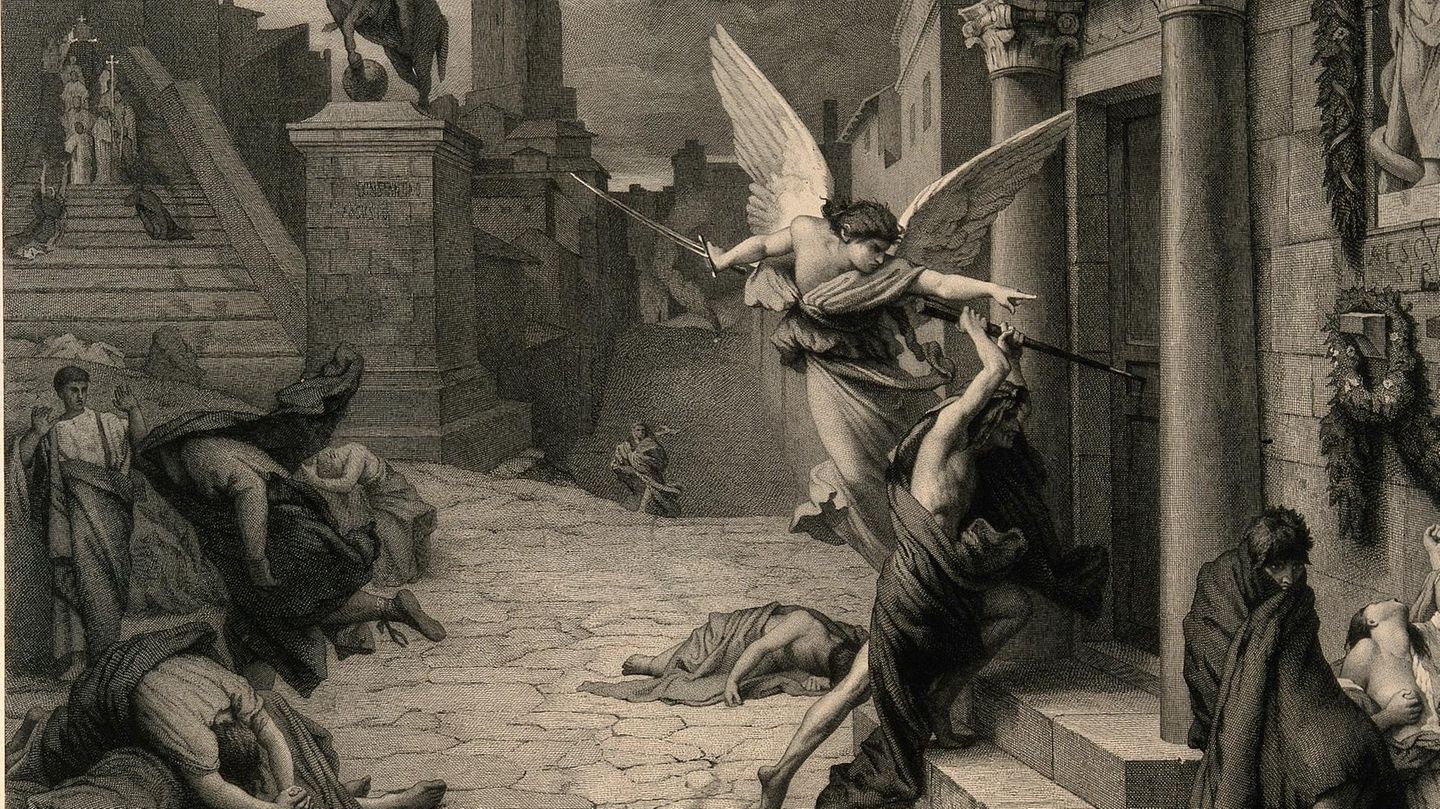 Der Engel des Todes vor einem römischen Haus.Stich nach Jules-Elie Delaunay.