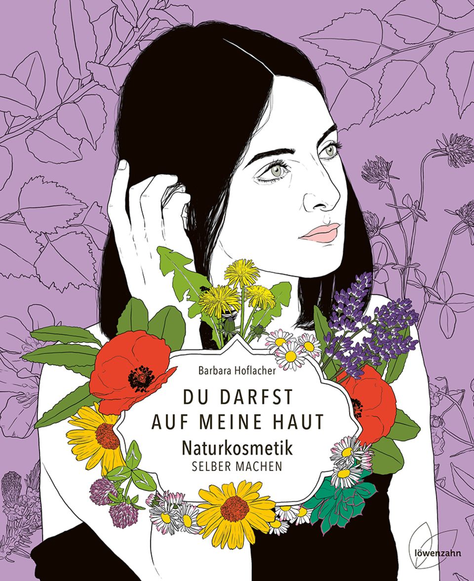 Geschenk für den Muttertag: Naturkosmetik selber machen Das Buchcover. Eine Illustration einer Frau mit Blumen um den Buchtitel auf lila Hintergrund