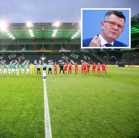 Die Mönchengladbacher und die Kölner Spieler stellen sich zum Mannschaftsfoto. Kleines Foto: Der langjährige Ethikrats-Vorsitzende Peter Dabrock.