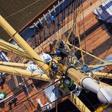 50 Meter über Deck wird am Fockmast eine neue Rah angebracht