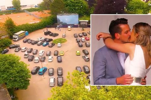 Collage: Autokino, küssendes Ehepaar