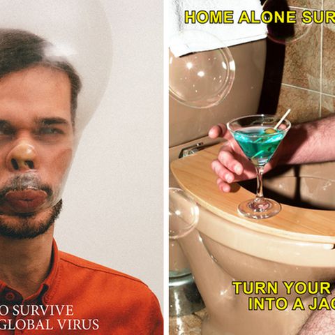 Ein Mann mit Kondom auf den Kopf und eine Toilette als Jacuzzi