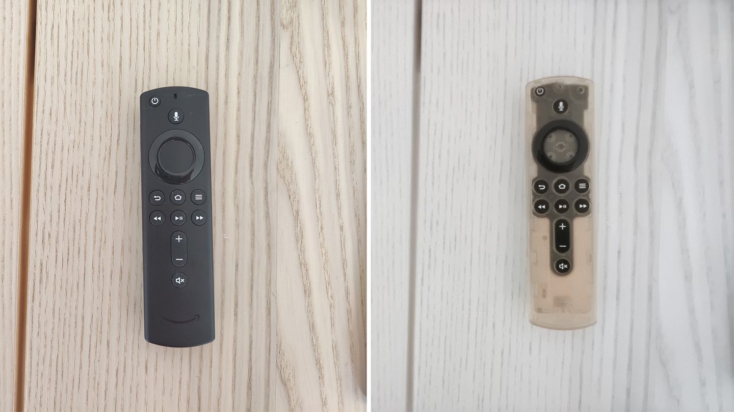 Die Fernbedienung eines Amazon Fire TV Stick ohne und mit Monochromfilter: Das eigentlich undurchsichtige Gehäuse gibt beim Einschalten des Filters auf einmal den Blick auf die Innereien frei.