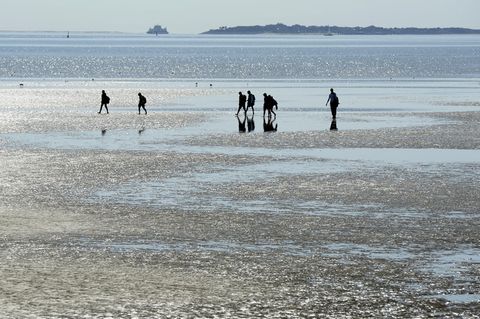 An der Nordseee: Am Strand bei Nieblum auf der Insel Föhr gehen Ausflügler bei strahlendem Sonnenschein am Strand spazieren