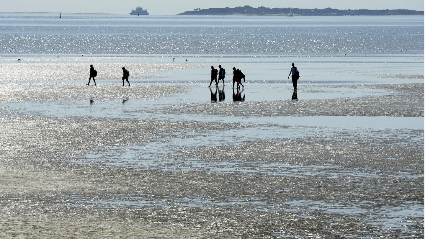 An der Nordseee: Am Strand bei Nieblum auf der Insel Föhr gehen Ausflügler bei strahlendem Sonnenschein am Strand spazieren