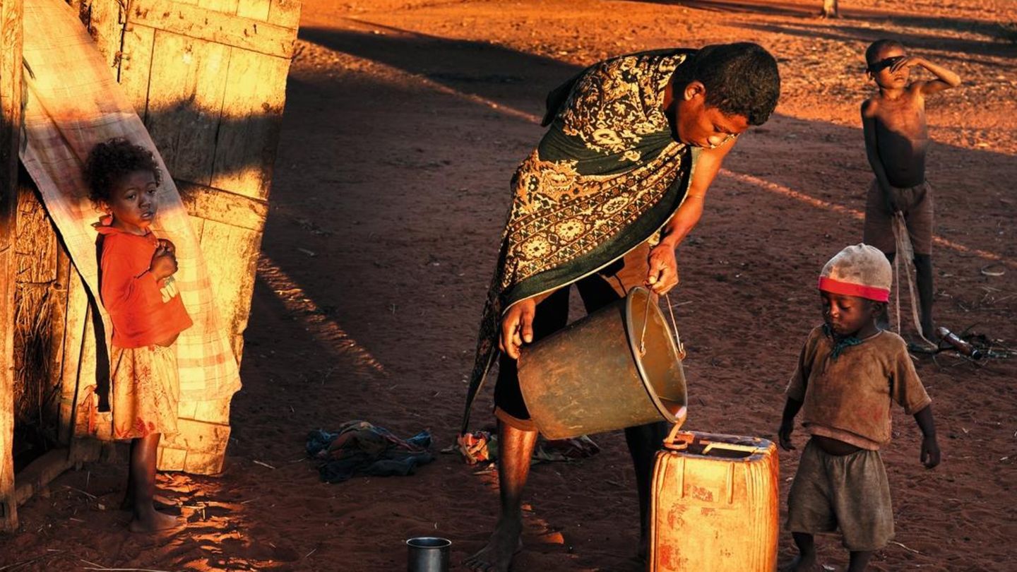 Life in the villages is extremely poorVillage of Ampotaka,(475 ha, 300 baobabs tank) plateau Mahafaly, limestone plateau where there is no surface water, no river, nor lake. It only rains 2 to 3 times a year.The population looked for a way to store w... Ein Mann schöpft Wasser aus einem der Baumspeicher
