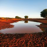 Eine große Pfütze rot gefärbten Wassers