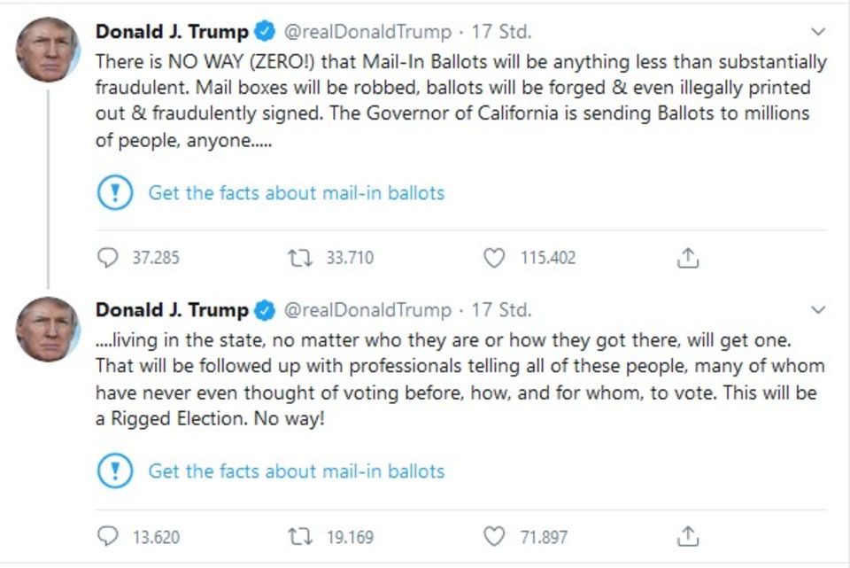 Attacke gegen Briefwahl: Twitter kennzeichnet Trump-Tweet erstmals als Falschbehauptung - US-Präsident reagiert wütend Attacke gegen Briefwahl: Twitter kennzeichnet Trump-Tweet erstmals als Falschbehauptung - US-Präsident reagiert wütend