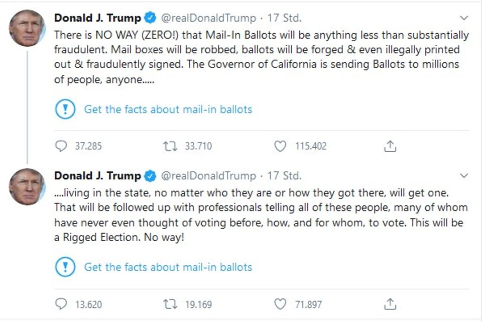 Attacke gegen Briefwahl: Twitter kennzeichnet Trump-Tweet erstmals als Falschbehauptung - US-Präsident reagiert wütend